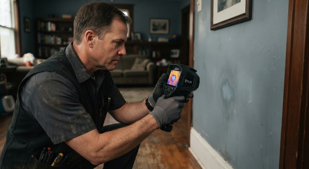 hidden water leak detection Fair Lawn technician using infrared thermal imaging