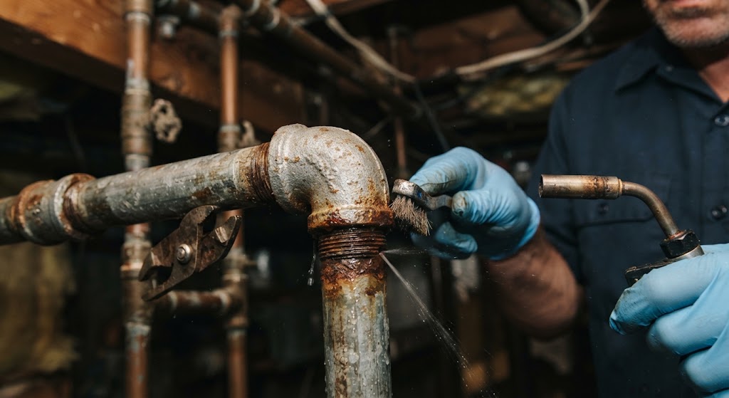 pipe leak repair Fair Lawn NJ technician inspecting corroded copper joint